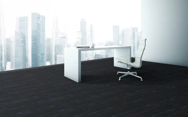 Workplace in front of panoramic window with city view